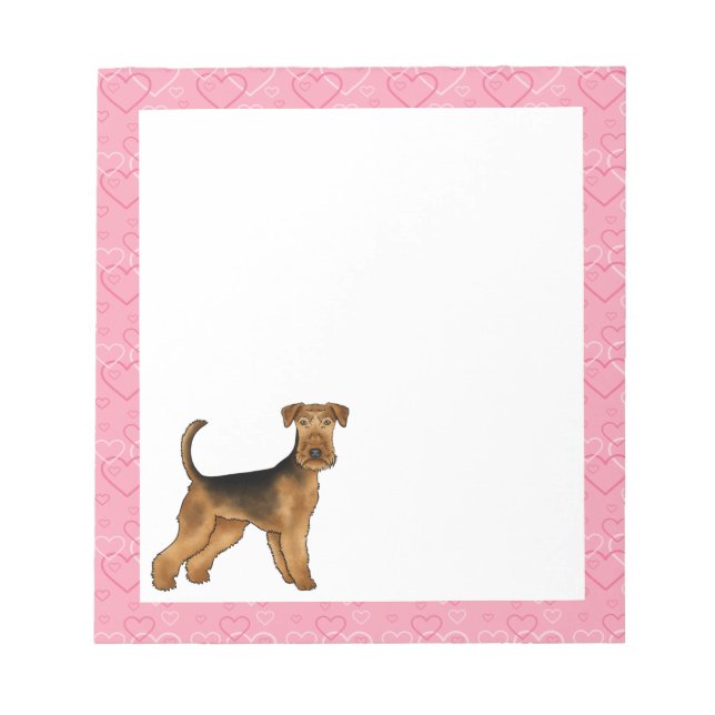 Airedale Terrier Cute Cartoon Dog With Pink Hearts Notepad (Front)