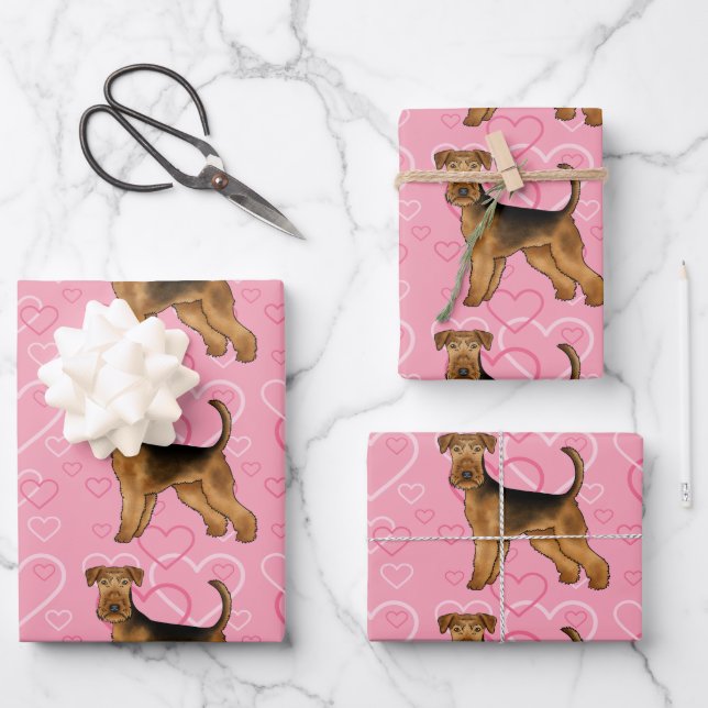 Airedale Terrier Cute Dog Love And Hearts On Pink Wrapping Paper Sheet (Front)