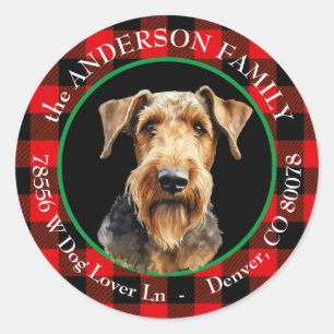 Airedale Terrier Dog Buffalo Plaid Return Address Classic Round Sticker