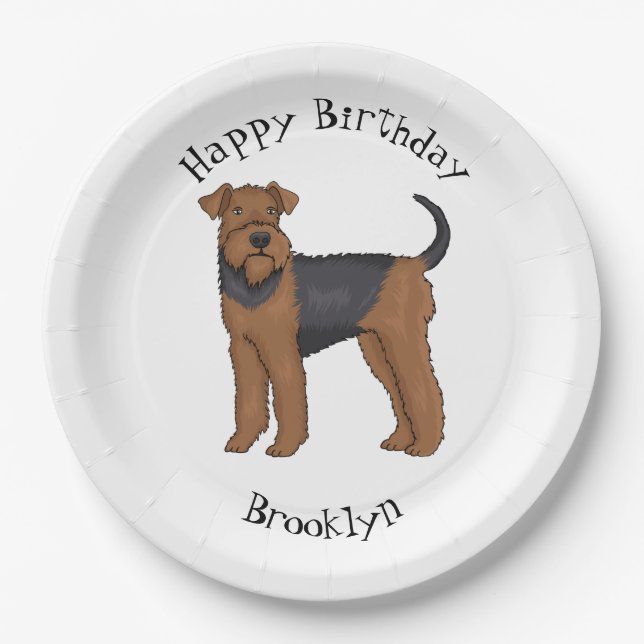 Airedale terrier dog cartoon illustration paper plate (Front)