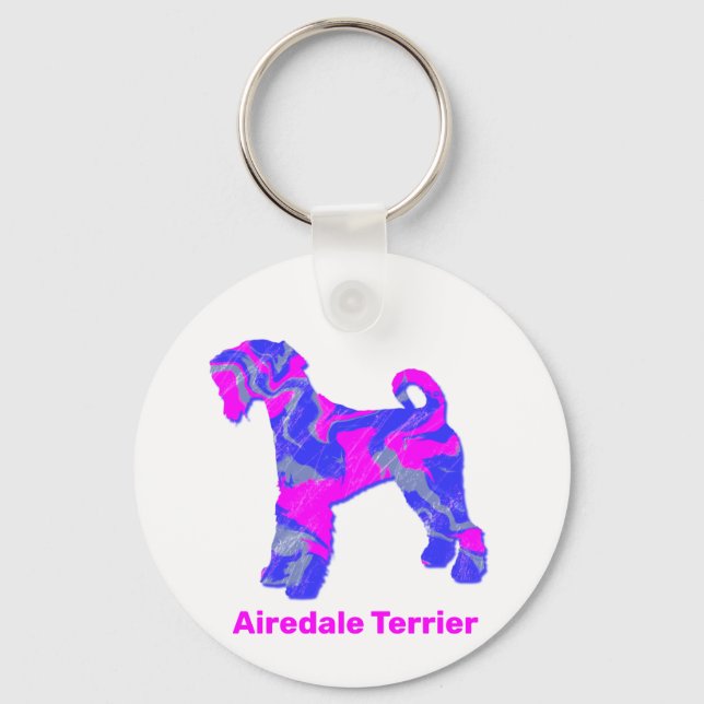 Airedale Terrier Dog Crazy Hot Pink & Blue Keychain (Front)