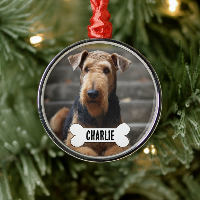 Airedale Terrier Dog Custom Photo & Name Memorial Metal Ornament (Tree)