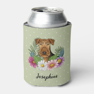 Airedale Terrier Dog Head Colourful Flowers Green Can Cooler