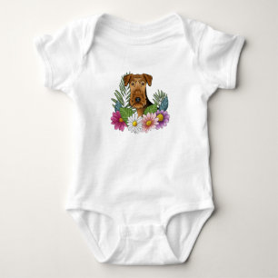 Airedale Terrier Dog Head Colourful Pretty Flowers Baby Bodysuit