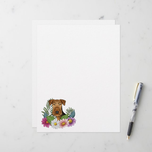 Airedale Terrier Dog Head With Colourful Flowers Letterhead (Front/Back In Situ)