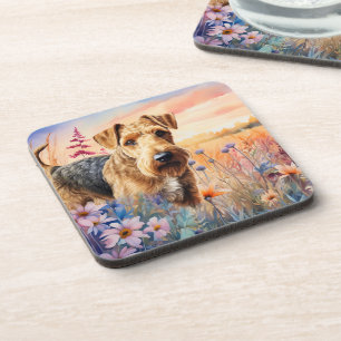 Airedale Terrier Dog in a Wildflower Meadow Coaster