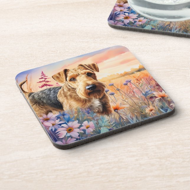 Airedale Terrier Dog in a Wildflower Meadow Coaster (Left Side)