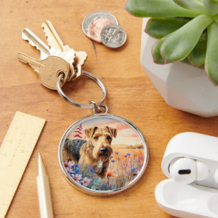 Airedale Terrier Dog in a Wildflower Meadow Keychain