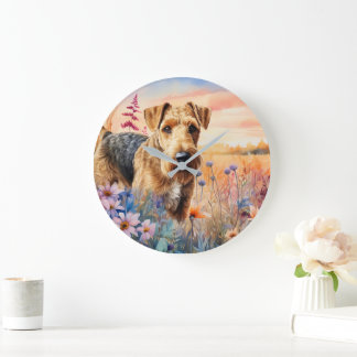 Airedale Terrier Dog in a Wildflower Meadow Large Clock