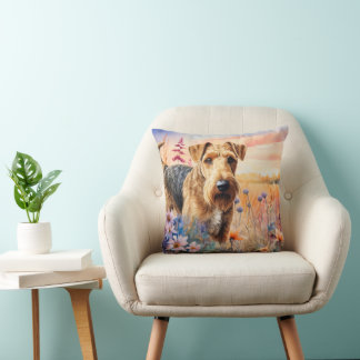 Airedale Terrier Dog in a Wildflower Meadow Throw Pillow
