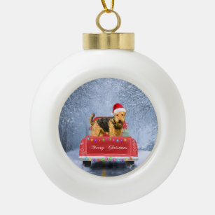 Airedale Terrier Dog in Snow sitting in Christmas Ceramic Ball Christmas Ornament