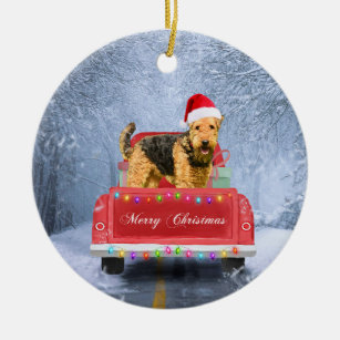 Airedale Terrier Dog in Snow sitting in Christmas  Ceramic Ornament