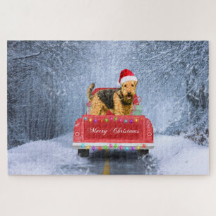 Airedale Terrier Dog in Snow sitting in Christmas Jigsaw Puzzle