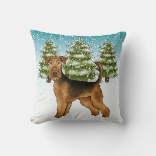 Airedale Terrier Dog In Snowy Winter Forest Cute Throw Pillow