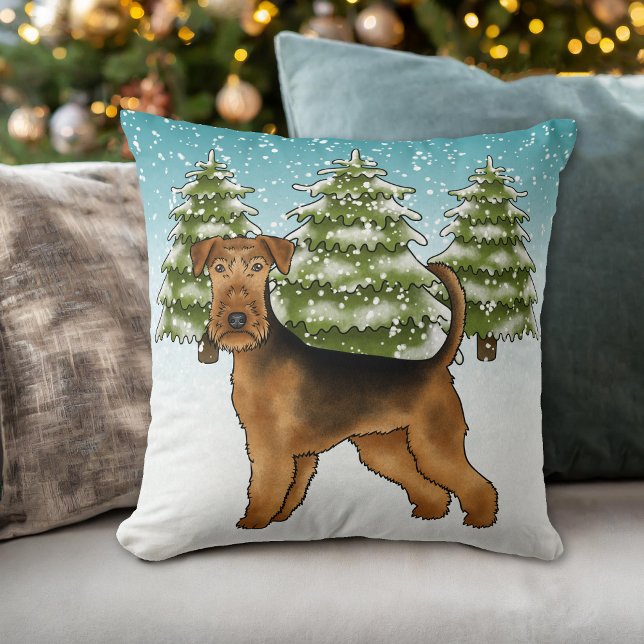 Airedale Terrier Dog In Snowy Winter Forest Cute Throw Pillow (Please note: This image is a digital mockup. The product may not be in scale.)