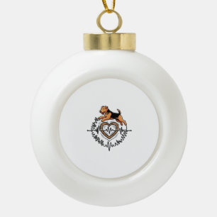 Airedale Terrier Dog Jumping Heart Ekg Line Ceramic Ball Christmas Ornament