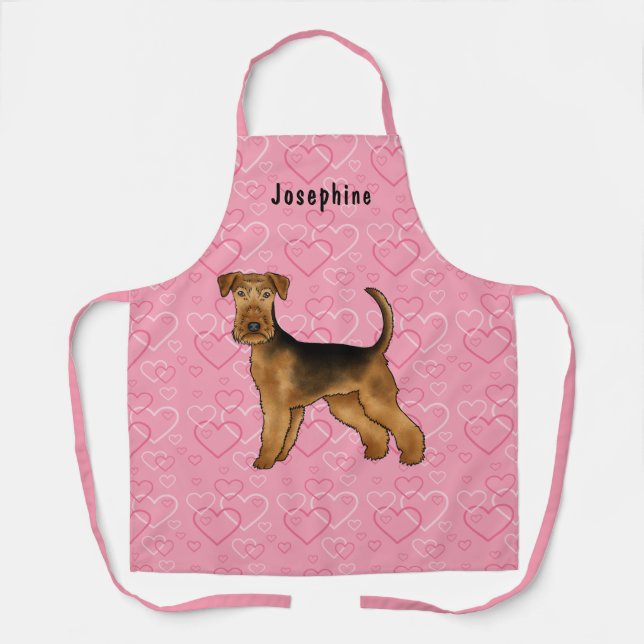 Airedale Terrier Dog Love Pink Hearts And Name Apron (Front)