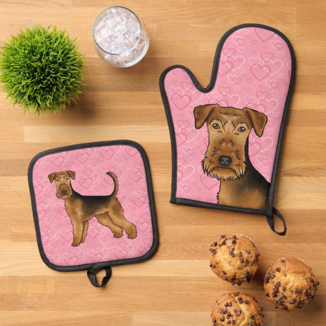 Airedale Terrier Dog Love With Pink Heart Pattern Oven Mitt & Pot Holder Set (Top Down)