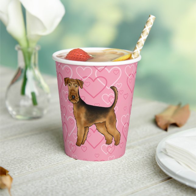 Airedale Terrier Dog Love With Pink Heart Pattern Paper Cups (Insitu)
