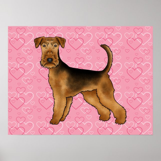 Airedale Terrier Dog Love With Pink Heart Pattern Poster (Front)