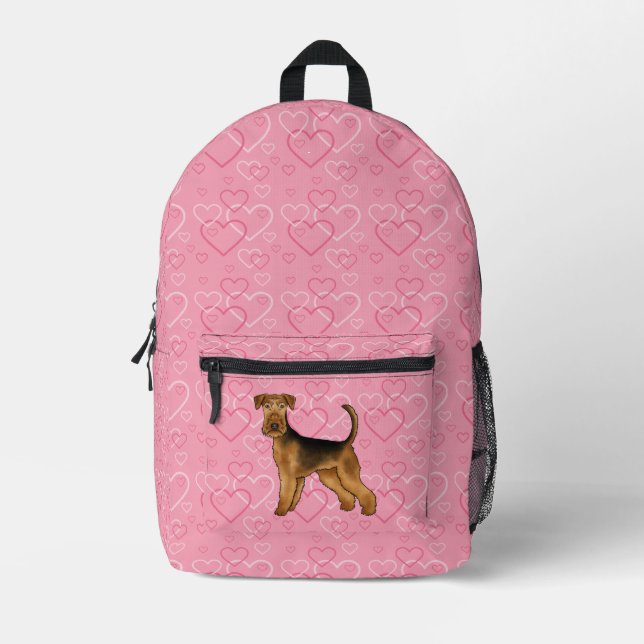 Airedale Terrier Dog Love With Pink Heart Pattern Printed Backpack (Front)