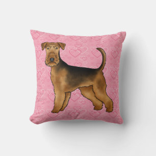 Airedale Terrier Dog Love With Pink Heart Pattern Throw Pillow