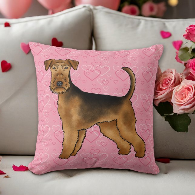 Airedale Terrier Dog Love With Pink Heart Pattern Throw Pillow (Please note: This image is a digital mockup. The product may not be in scale.)