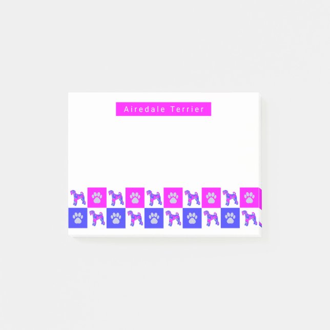 Airedale Terrier Dog & Paw Hot Pink & Blue Post-it Notes (Front)
