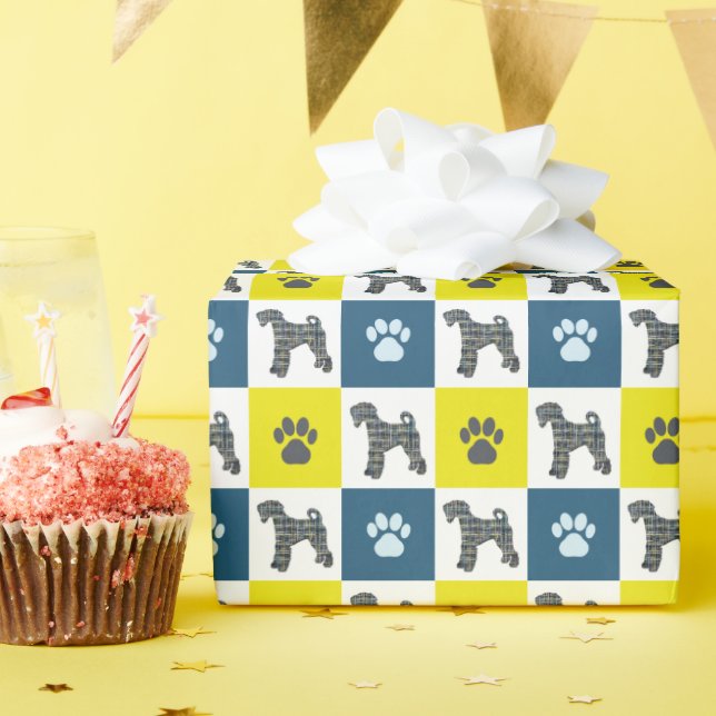 Airedale Terrier Dog & Paw Silhouette Yellow Blue Wrapping Paper (Birthday Party)