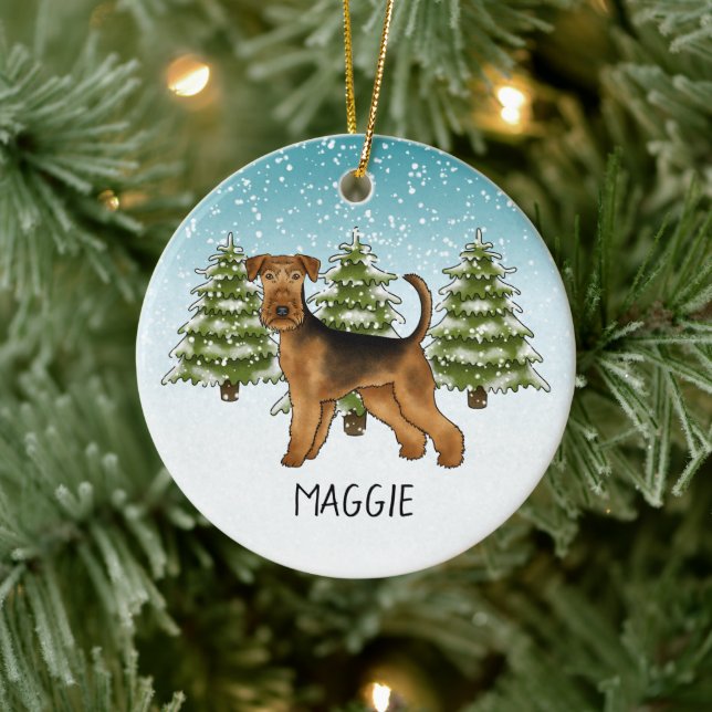 Airedale Terrier Dog Snowy Winter Forest And Name Ceramic Ornament (Tree)