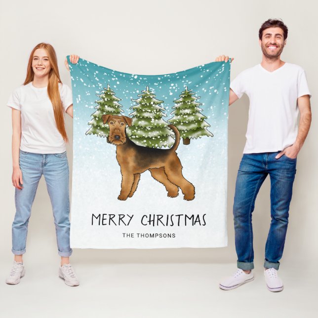 Airedale Terrier Dog Snowy Winter Forest And Text Fleece Blanket (In Situ)