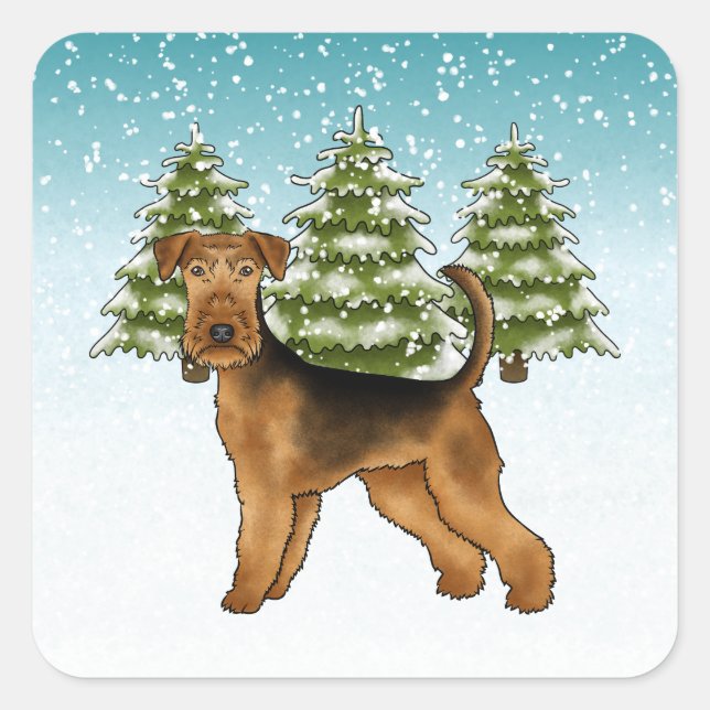 Airedale Terrier Dog Snowy Winter Forest Festive Square Sticker (Front)