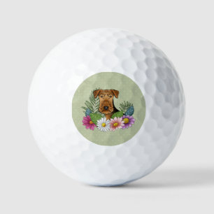 Airedale Terrier Dog With Colourful Flowers Green Golf Balls