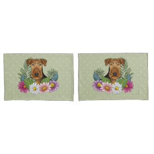 Airedale Terrier Dog With Colourful Flowers Green Pillowcase