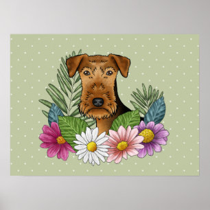 Airedale Terrier Dog With Colourful Flowers Green Poster
