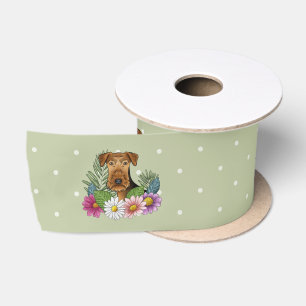 Airedale Terrier Dog With Colourful Flowers Green Satin Ribbon
