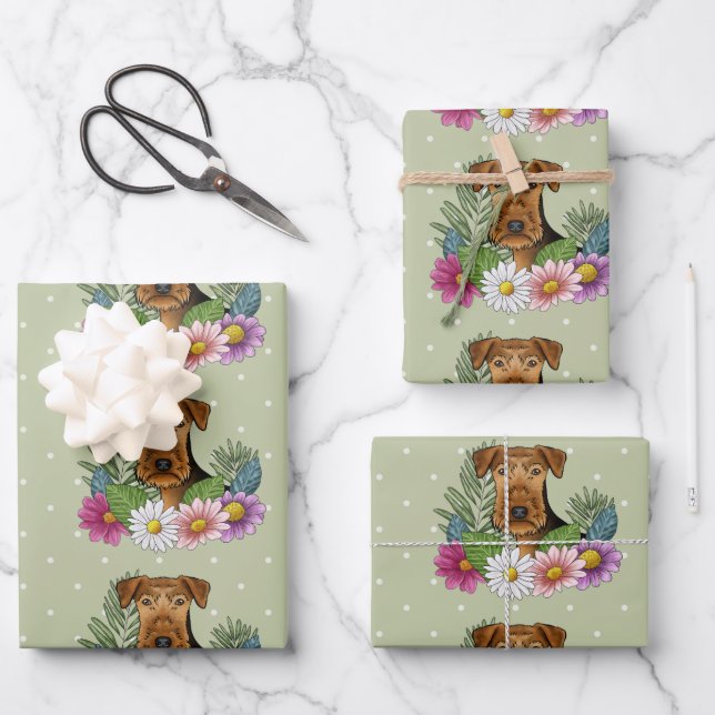 Airedale Terrier Dog With Colourful Flowers Green Wrapping Paper Sheet (Front)