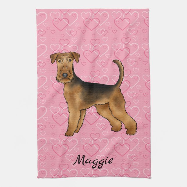 Airedale Terrier Dog With Pink Hearts And Name Kitchen Towel (Vertical)