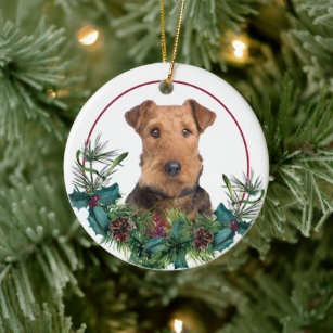 Airedale Terrier Evergreen Berry Wreath Ceramic Ornament