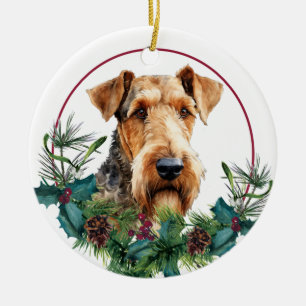 Airedale Terrier Evergreen Berry Wreath Ceramic Ornament