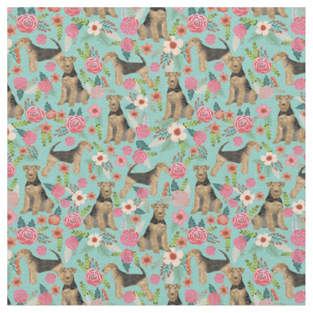 Airedale Terrier floral dog fabric - mint (Close Up)