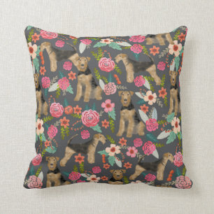 Airedale Terrier Floral print pillow - charcoal