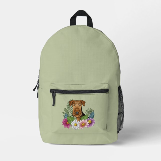 Airedale Terrier Head With Colourful Summer Flower Printed Backpack (Front)