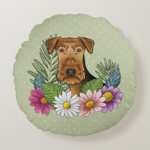 Airedale Terrier Head With Colourful Summer Flower Round Pillow