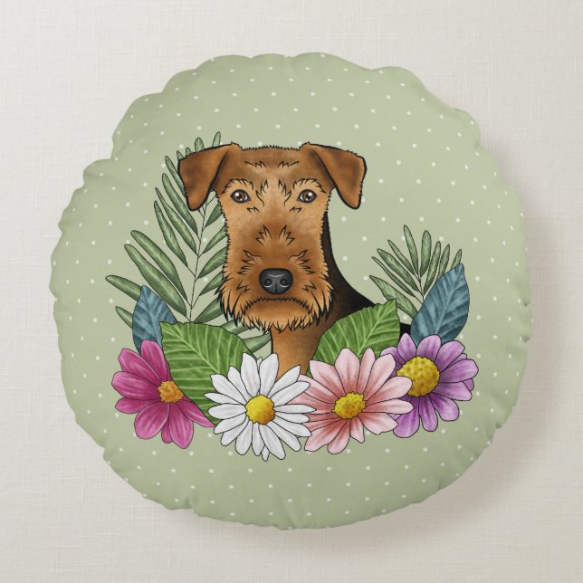 Airedale Terrier Head With Colourful Summer Flower Round Pillow (Front)