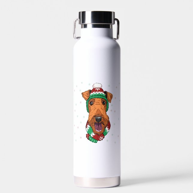 Airedale Terrier in christmas hat     Water Bottle (Front)