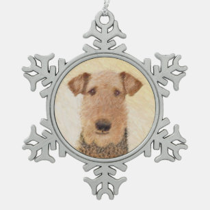 Airedale Terrier Painting - Cute Original Art Snowflake Pewter Christmas Ornament
