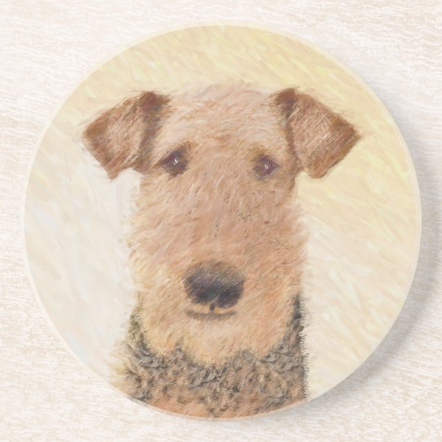 Airedale Terrier Painting - Cute Original Dog Art Coaster (Front)