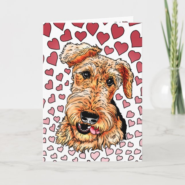 Airedale Terrier Pink Hearts Valentine's Day Holiday Card (Front)