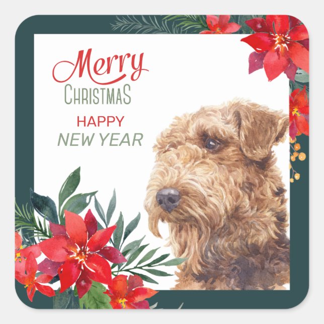 Airedale Terrier Poinsettia Border Christmas Square Sticker (Front)